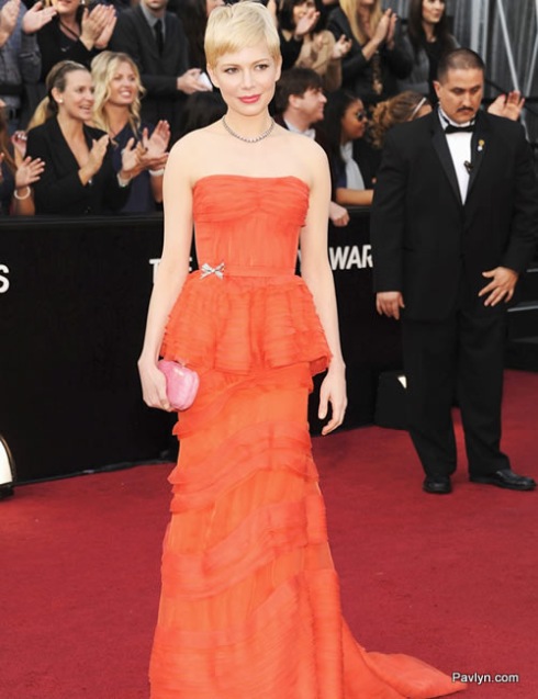 2012 Oscars Best Dressed Michelle Williams in red Louis Vuitton gown