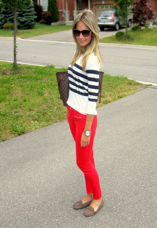 striped sweater and red jeans