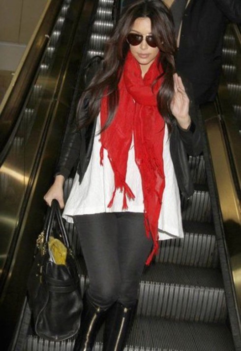 Kim Kardashian wearing Love Quotes linen tassel scarf in True Red